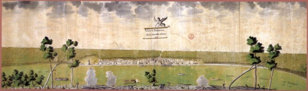 Watercolor view of New Orleans in 1726, seen from across the Mississippi River. A row of low colonial buildings stretches along the bank, with trees in the foreground and small boats on the water. An angel in the sky holds a banner bearing the title of the work.