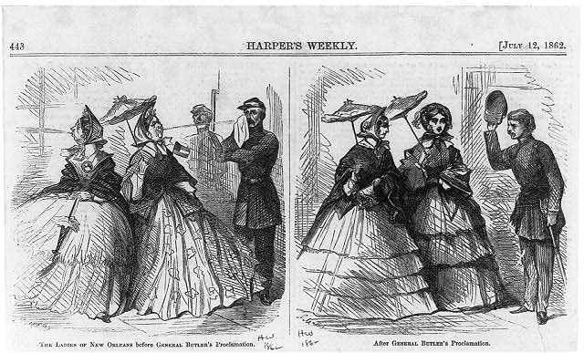 The Ladies of New Orleans before General Butler's Proclamation; After General Butler's Proclamation. Harper's Weekly, July 12, 1862, p. 443.