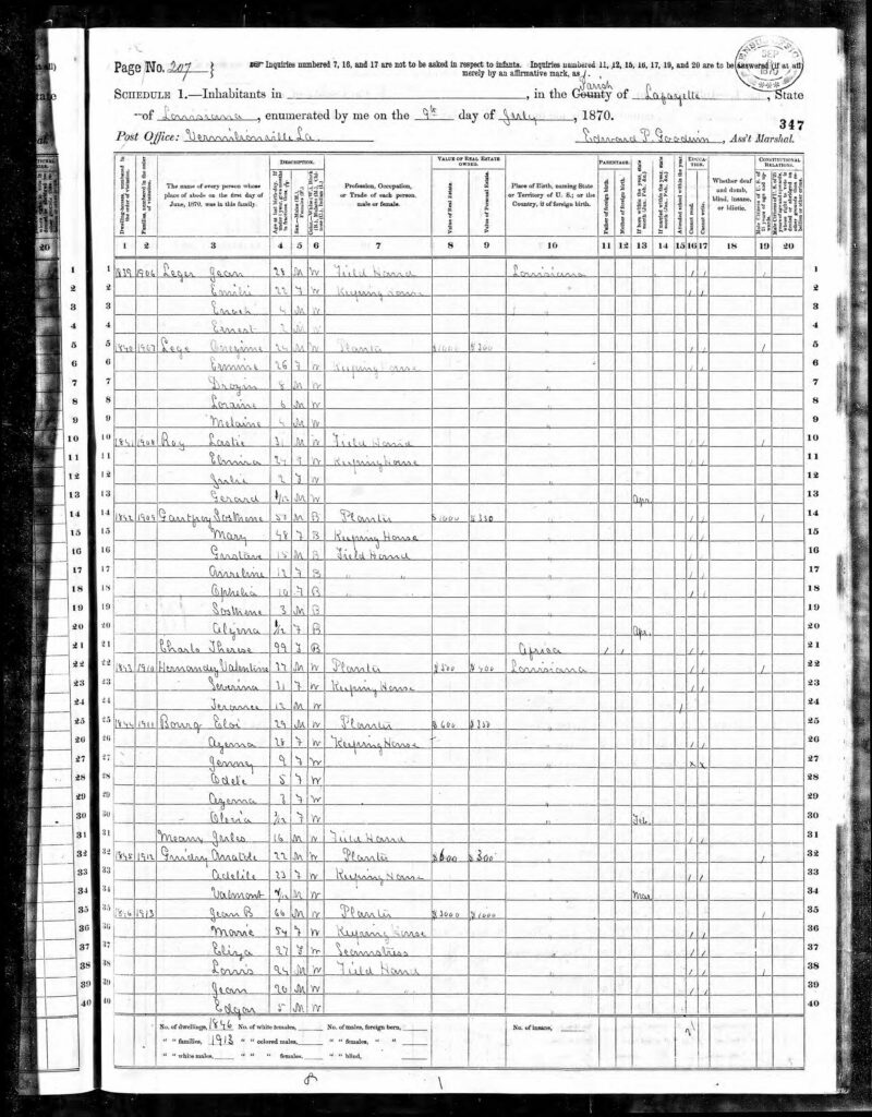 1870 United States Census page from Lafayette Parish, Louisiana, dated July 1870. The handwritten enumeration form lists households in the parish, including the household where Aurelia Godfrey appears at age eleven with her parents Sosthène Godfrey and Marie Jean Pierre. The page is numbered 207 and signed by the assistant marshal.
