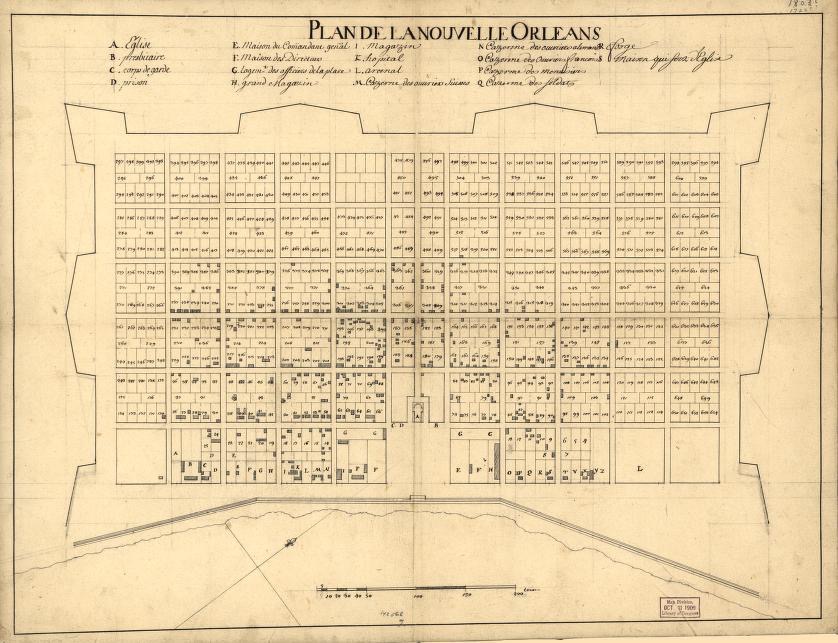 Hand-drawn early plan of New Orleans showing the rectangular grid of the Vieux Carré along the Mississippi River, with a lettered key listing the church, hospital, barracks, and other principal buildings.