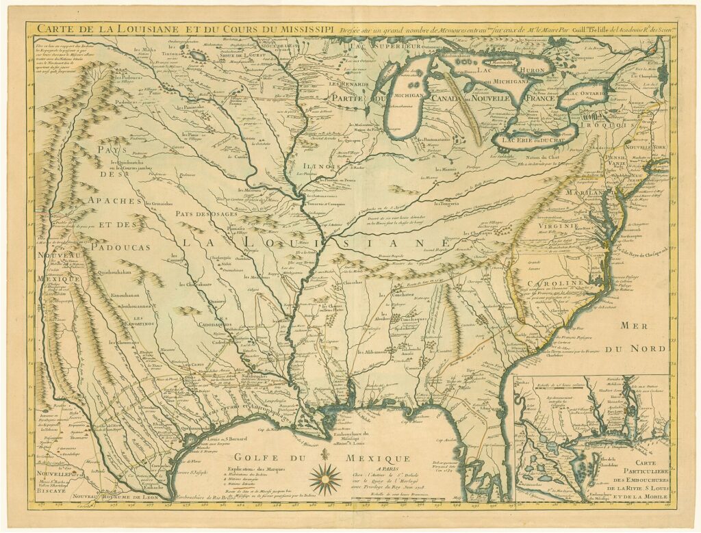 Eighteenth-century French map of Louisiana and the course of the Mississippi River, showing Indigenous nations, French settlements, the Gulf of Mexico, and the broader continental claim from the Great Lakes south.