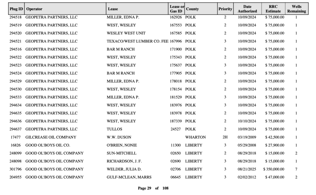 Excerpt from page 29 of the Texas Railroad Commission's State Well Pluggings Remaining by District report. The table shows columns for Plug ID, Operator, Lease, Lease or Gas ID, County, Priority, Date Authorized, RRC Estimate, and Wells Remaining. The SUN-MITCHELL row reads: Plug ID 248099, Good Ol'Boys Oil Company, Lease ID 02650, Liberty County, Priority 2, Date Authorized August 29, 2018, RRC Estimate $15,000, Wells Remaining 2.