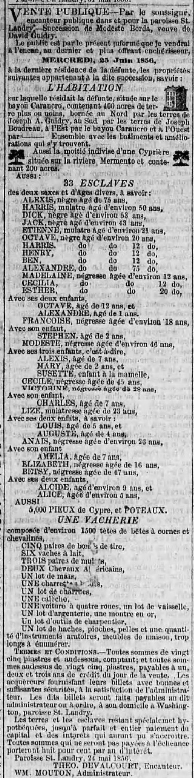French-language public sale notice from The Opelousas Patriot, May 31, 1856, announcing the auction of the estate of Modeste Borda, widow of David Guidry, in St. Landry Parish, Louisiana, including land on Bayou Carencro and thirty-three enslaved individuals listed by name and approximate age.