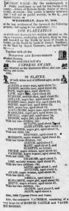 English-language public sale notice from The Opelousas Patriot, June 7, 1856, listing thirty-three enslaved individuals by name and approximate age, including seven women recorded with their children, from the estate of Modeste Borda, widow of David Guidry, St. Landry Parish, Louisiana.