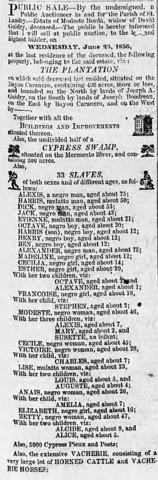English-language public sale notice from The Opelousas Patriot, June 7, 1856, listing thirty-three enslaved individuals by name and approximate age, including seven women recorded with their children, from the estate of Modeste Borda, widow of David Guidry, St. Landry Parish, Louisiana.