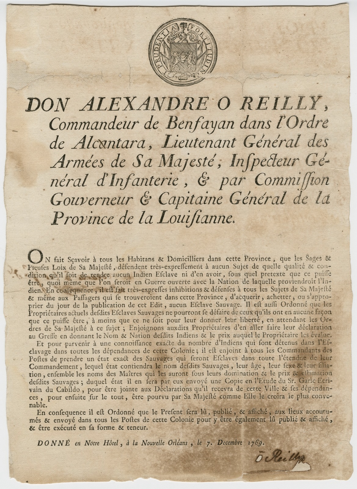 Proclamation by Don Alejandro O'Reilly ending Indian slavery in the Province of Louisiana, 7 December 1769. The Historic New Orleans Collection, 67-28-L.
