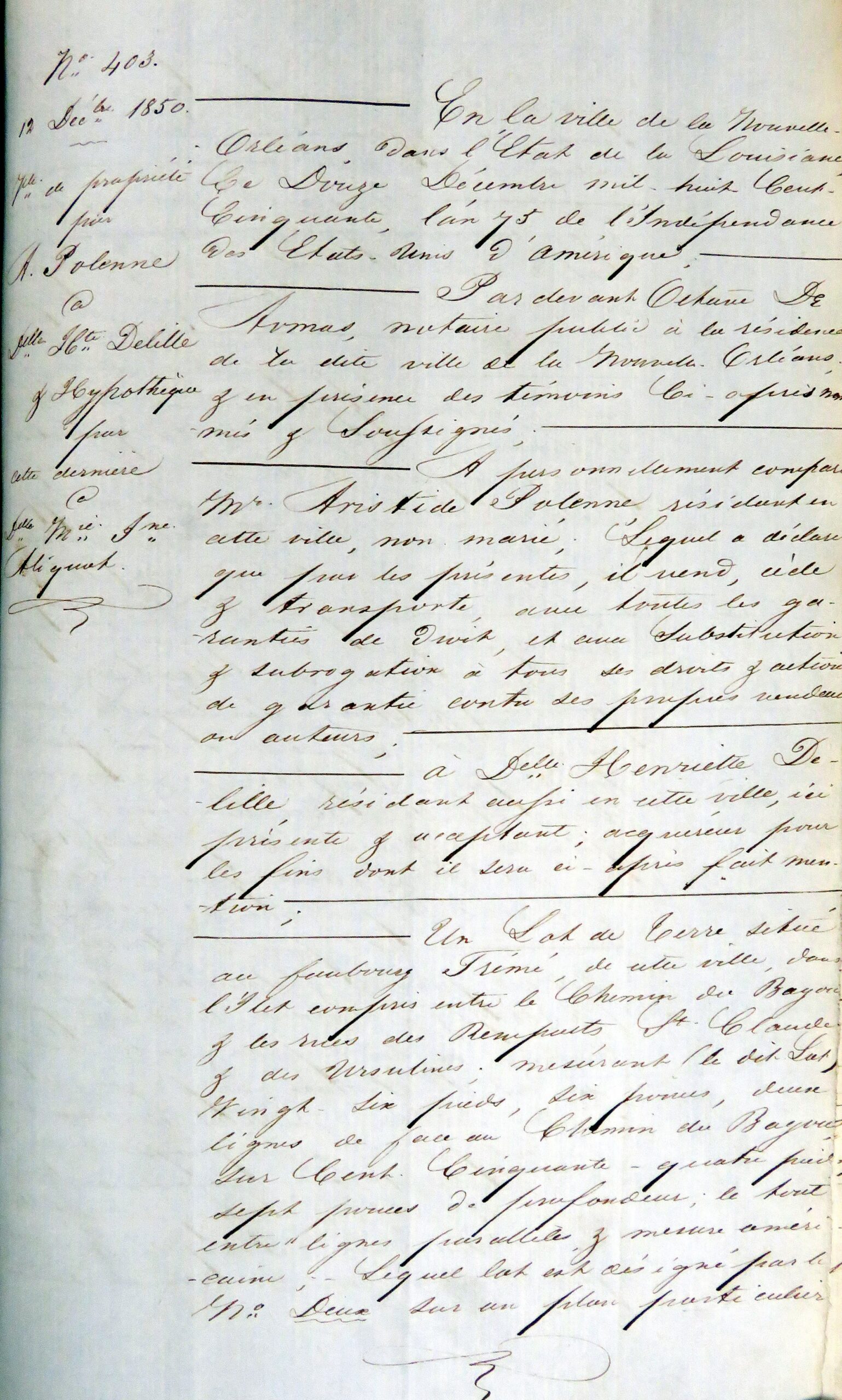 A page of an 1850 handwritten notarial act of sale in French, brown ink on aged cream paper.