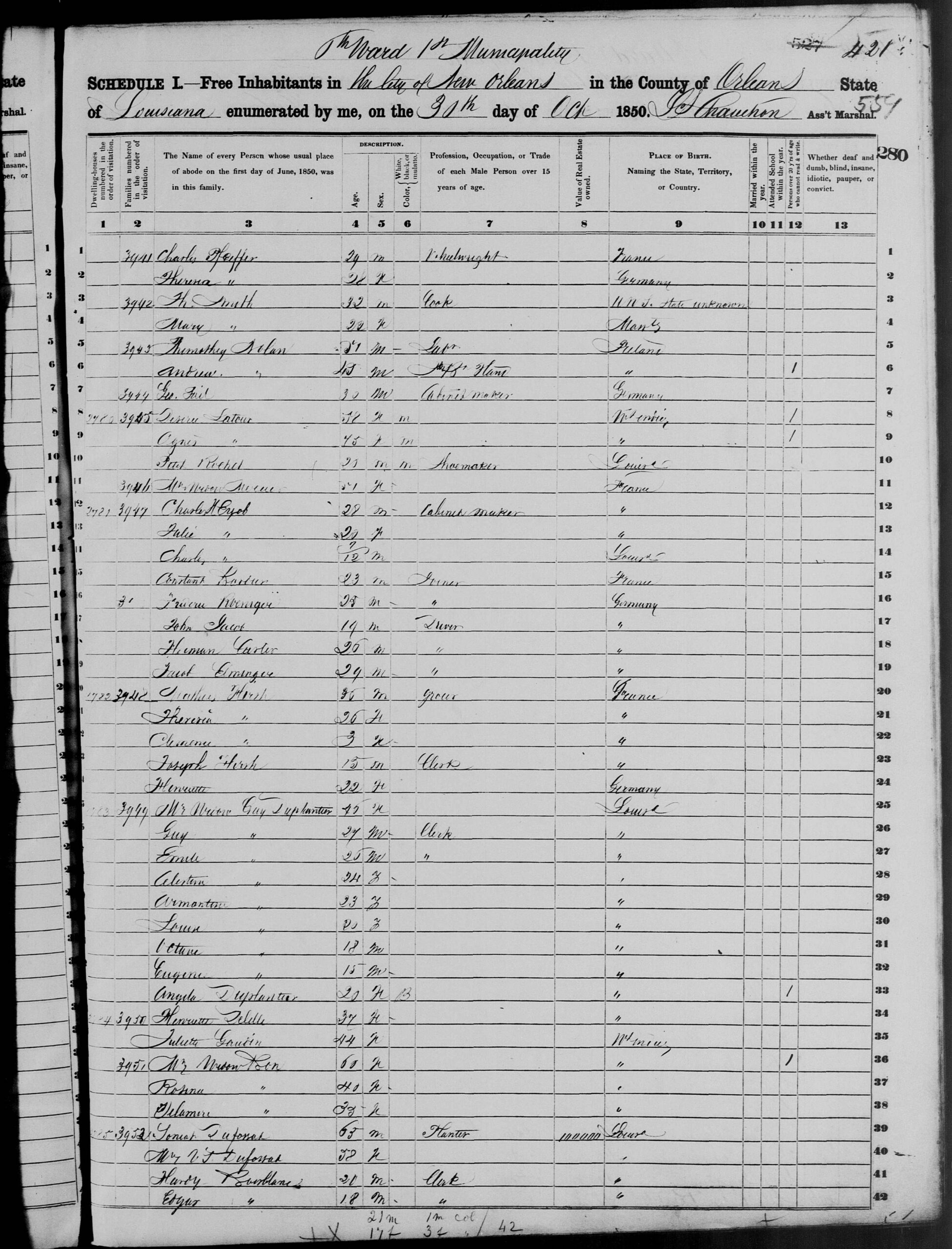 A page of the 1850 U.S. Census for New Orleans, handwritten, with Henriette Delille and Juliette Gaudin listed among the free inhabitants.