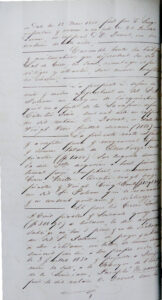 A second page of the 1850 handwritten notarial act of sale in French, brown ink on aged cream paper, showing the purchase price and terms.