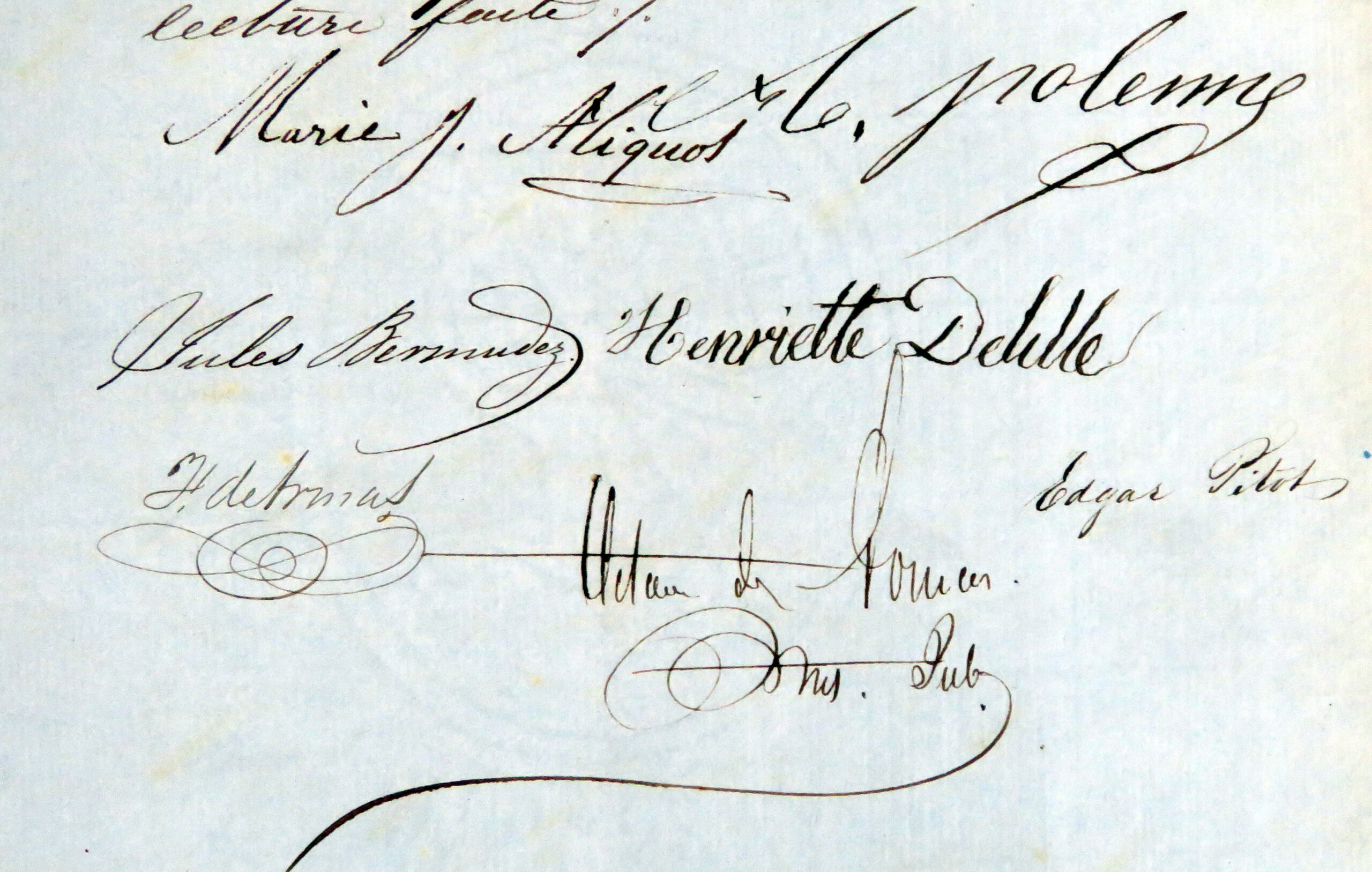 The signature page of the 1850 act of sale, showing Henriette Delille's handwritten signature among several others.