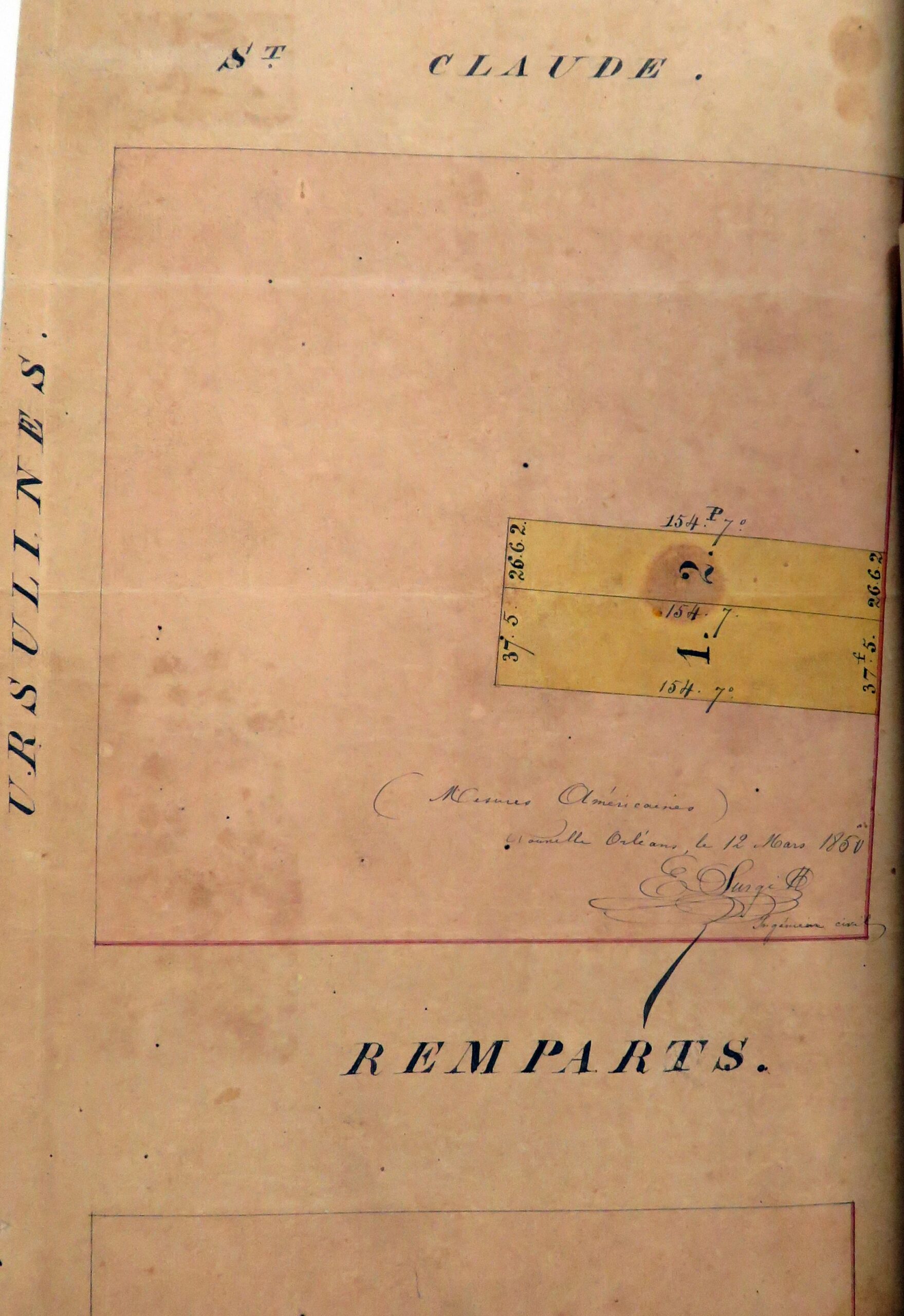 A hand-drawn 1850 surveyor's property plan of a New Orleans lot, labeled with the streets St. Claude, Ursulines, and Remparts.