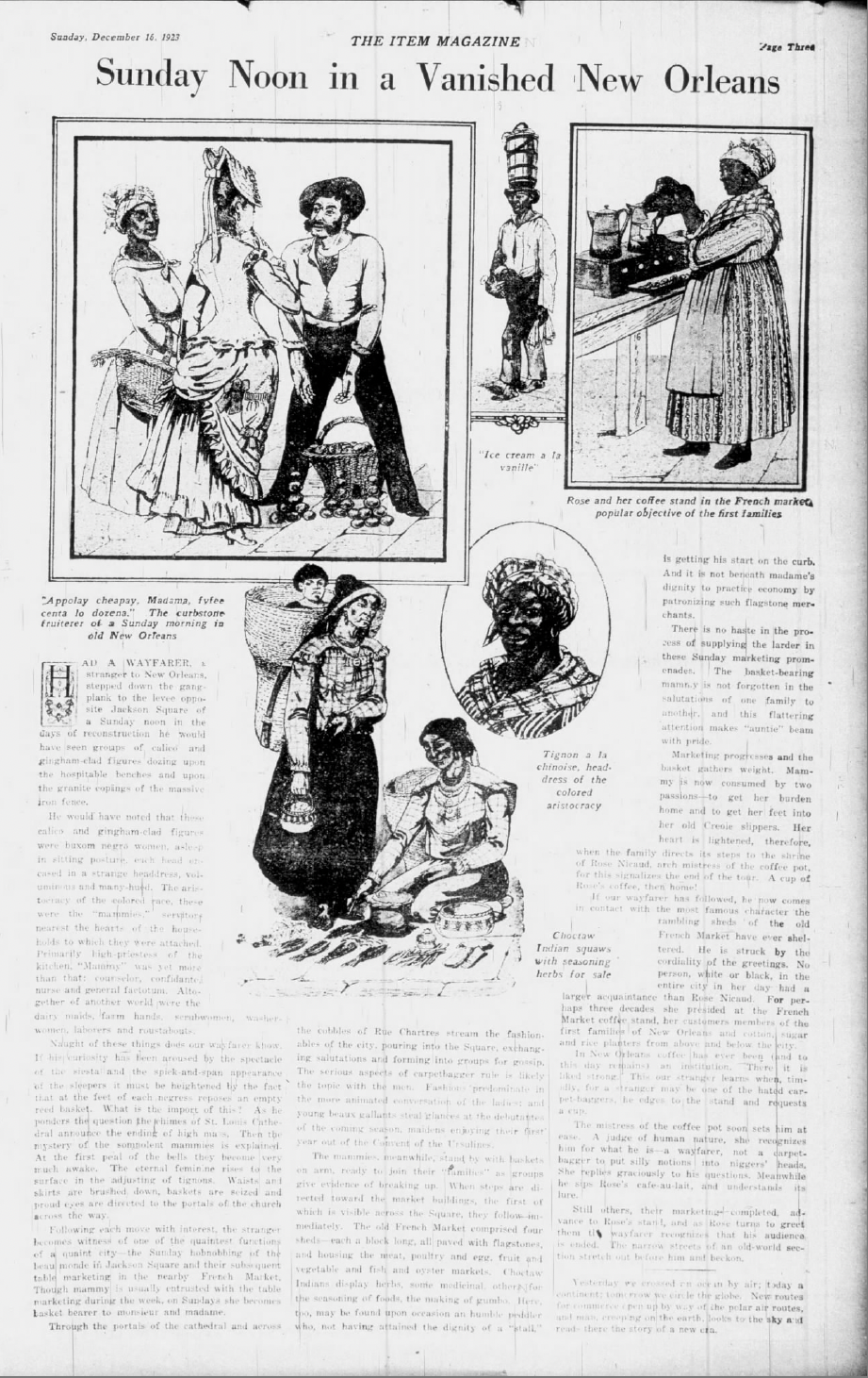 1923 magazine page romanticizing Rose Nicaud and the old French Market.