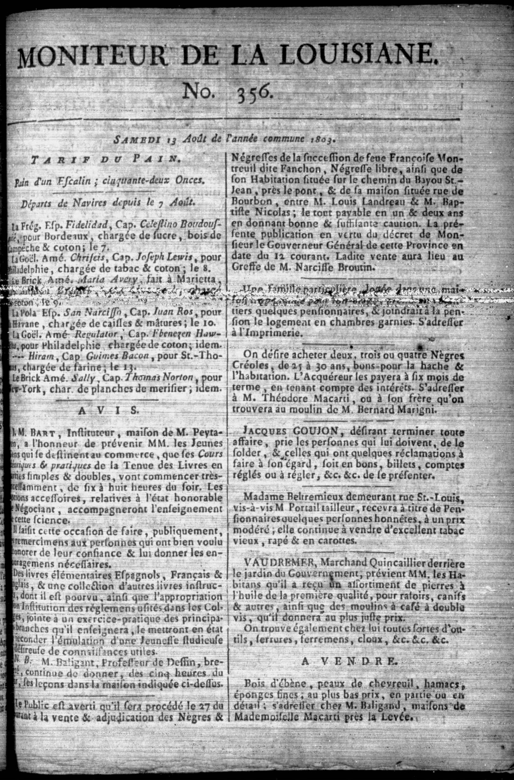 An August 1803 notice in the Moniteur de la Louisiane advertising the estate sale of enslaved women and property from the succession of Françoise Montreuil, called Fanchon, free woman of color, at the office of notary Narcisse Broutin.