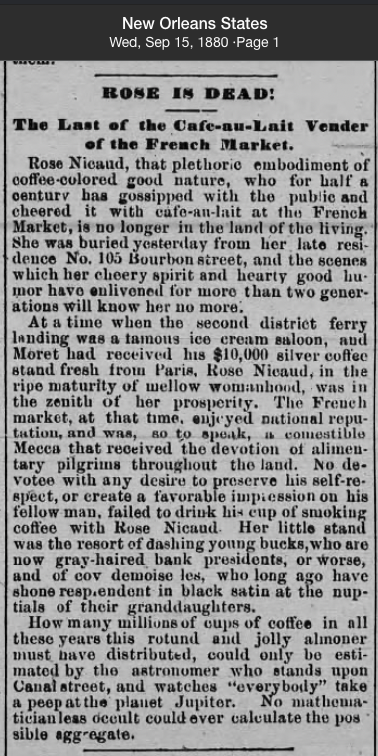 1880 front-page death announcement for Rose Nicaud in the New Orleans States.
